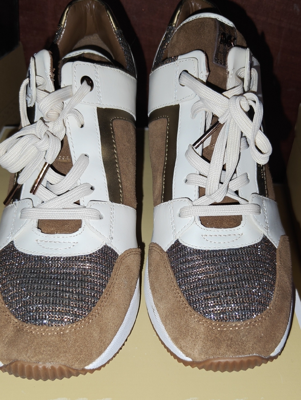 Michael Kors White and Brown Suede Accent Sneakers with Metallic Knit Panels